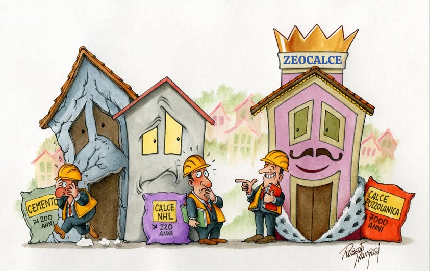 Illustrazione comparativa tra cemento, calce idraulica e malta pozzolanica negli interventi sulle murature storiche