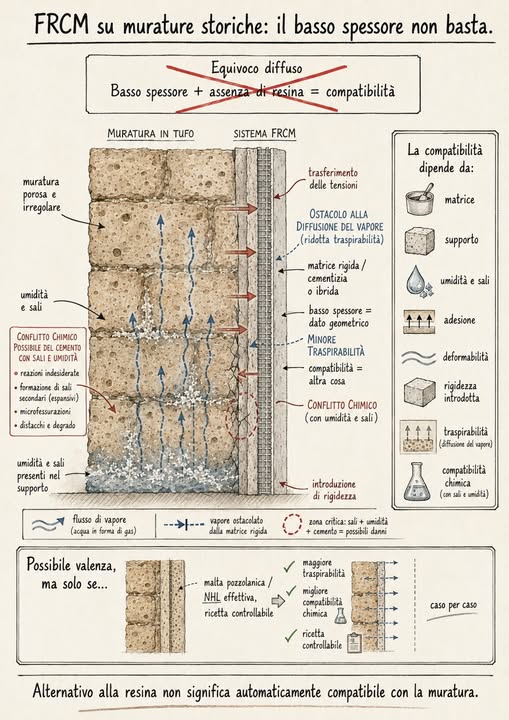 Compatibilità dei sistemi FRCM nelle murature storiche in tufo: influenza di umidità, sali, traspirabilità e caratteristiche della matrice.