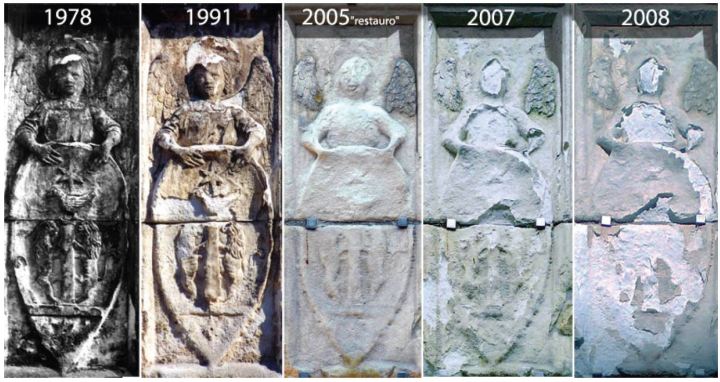 Sequenza fotografica del bassorilievo veneziano Angelo con scudo negli anni 1978, 1991, 2005, 2007 e 2008, con progressiva perdita della superficie lapidea.