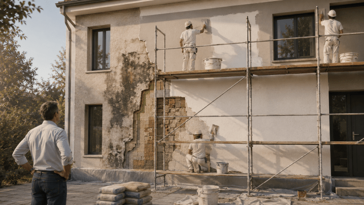 Committente osserva operai impegnati nel rifacimento della facciata di un edificio degradato.