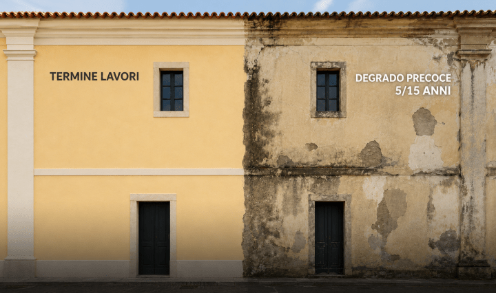 Confronto tra un edificio al termine dei lavori e lo stesso edificio interessato da degrado precoce dopo 5-15 anni.