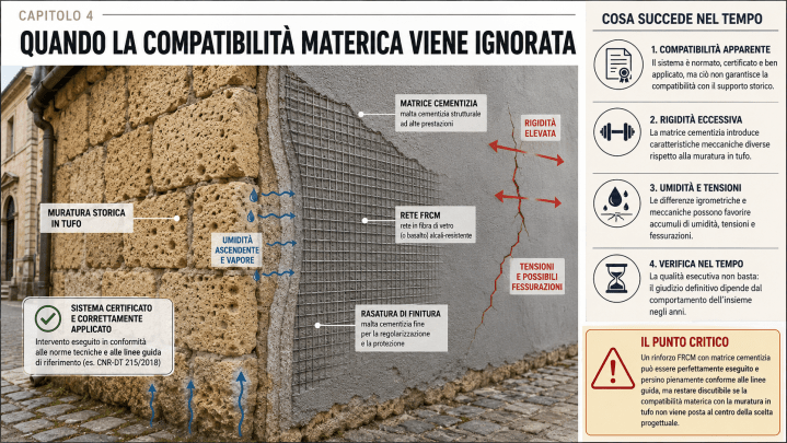 Sistema FRCM con rete e matrice cementizia applicato su una muratura storica in tufo, con indicazione delle possibili incompatibilità.