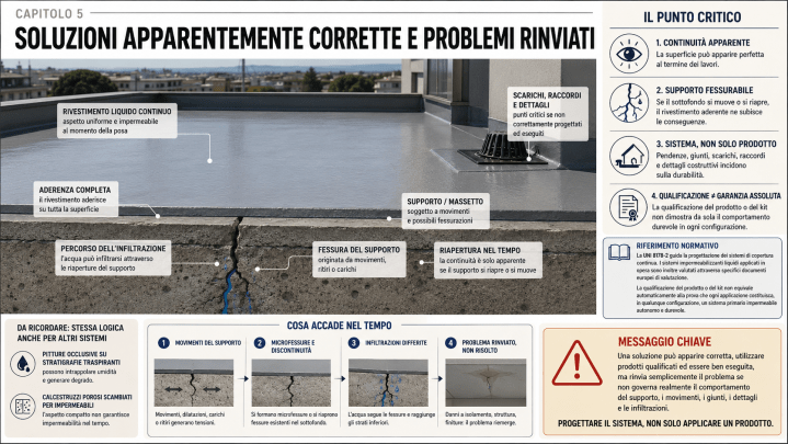 Rivestimento impermeabilizzante liquido aderente su una copertura, con fessura del massetto e possibile percorso dell’infiltrazione.