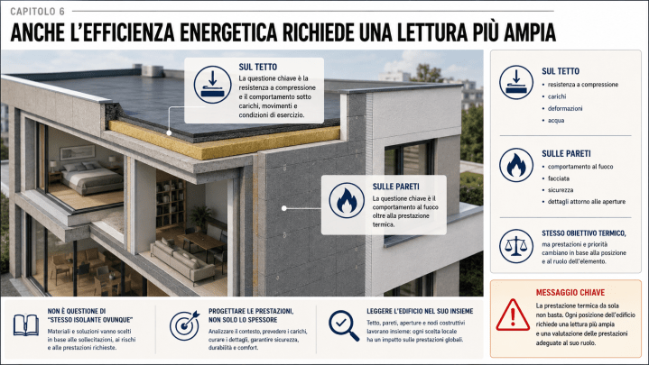 Casa con tetto piano isolato mediante pannello giallo e pareti isolate con pannello grigio, con simboli di resistenza a compressione e comportamento al fuoco.