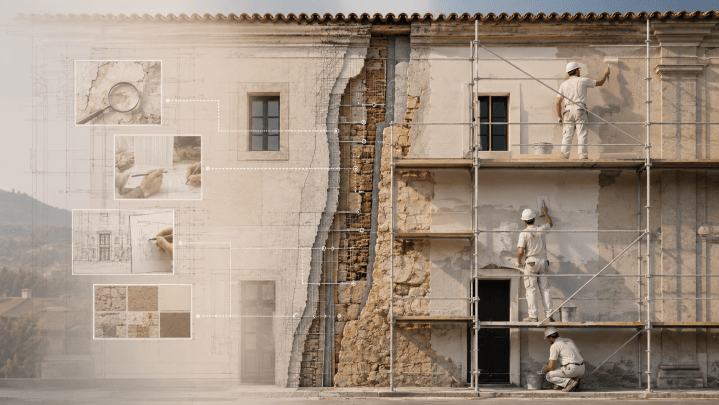 Diagnosi, rilievi, progetto, selezione dei materiali e lavorazioni rappresentati prima e durante il restauro di un edificio.