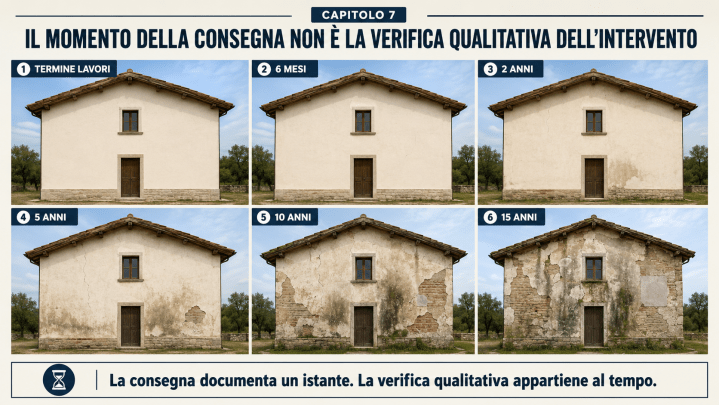 Lo stesso casolare al termine dei lavori e dopo 6 mesi, 2 anni, 5 anni, 10 anni e 15 anni, con degrado progressivo della facciata.