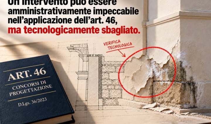 Illustrazione con riferimento all’articolo 46, disegno progettuale e intonaco distaccato su una muratura.