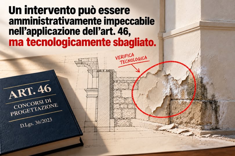 Illustrazione con riferimento all’articolo 46, disegno progettuale e intonaco distaccato su una muratura.
